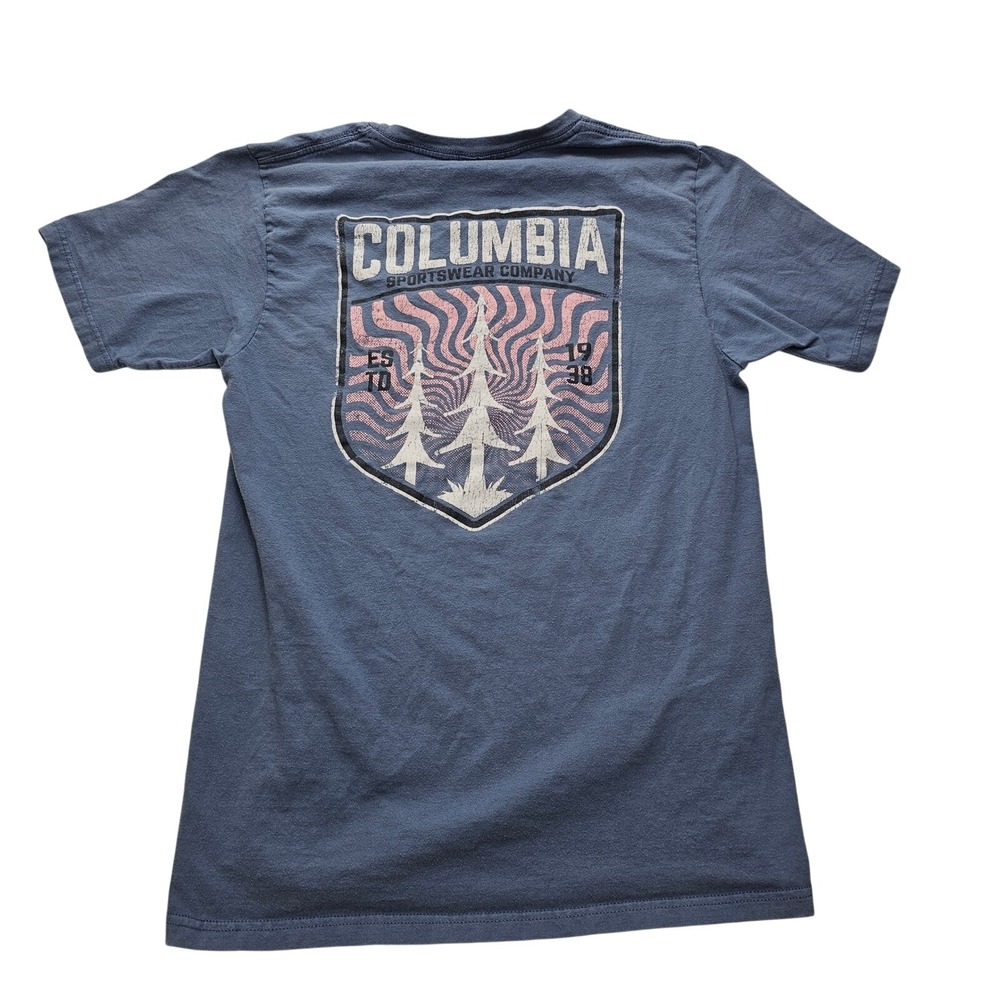 Columbia Sportswear Mens Small Blue Graphic‎ T-Shirt Pine Tree Back Print Tee